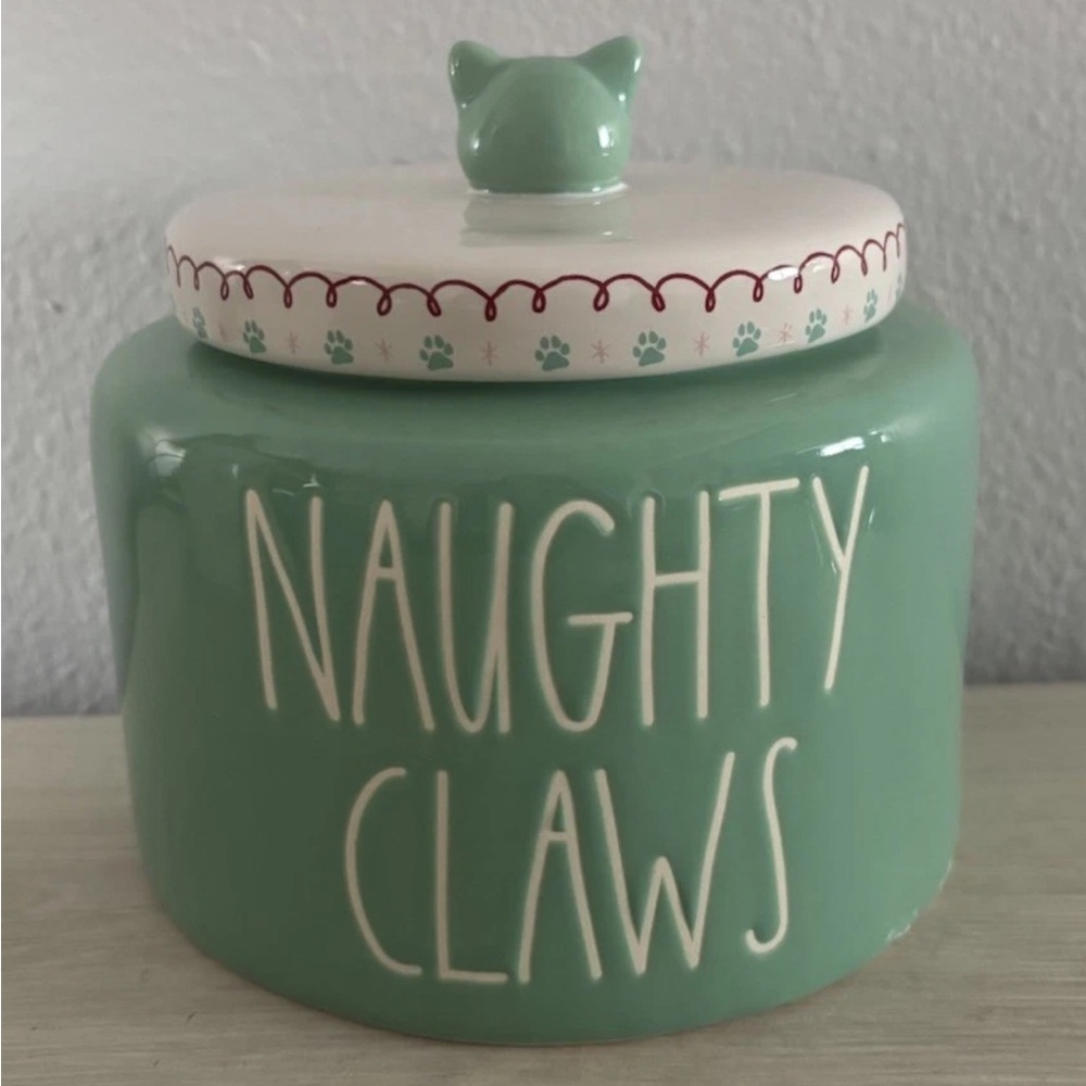 Rae Dunn Christmas Cat Naughty Claws Mint Green Ceramic Treats Jar NEW